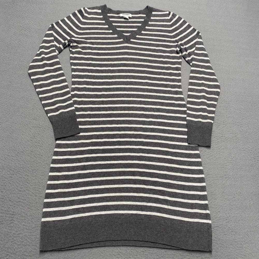 Old Navy Sweater Dress Womens Small Gray Striped V-Neck Long Sleeve Casual